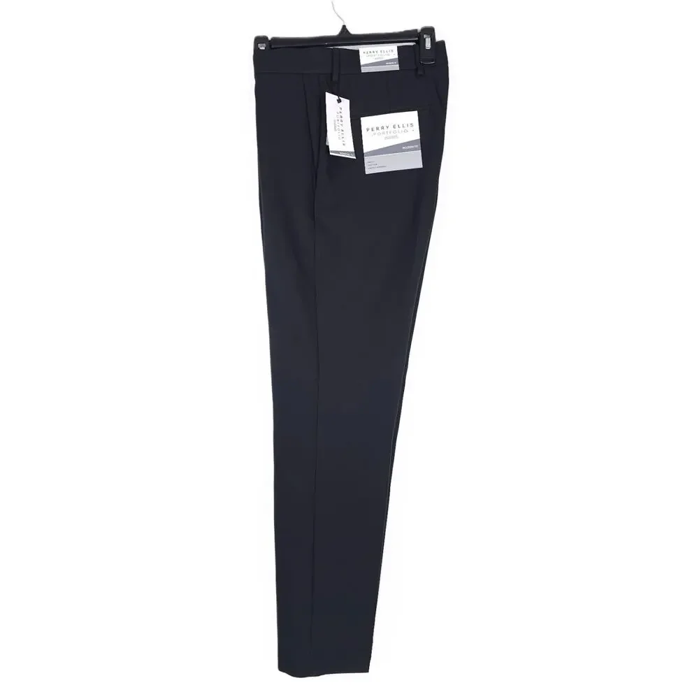 Perry Ellis Portfolio Mens Modern Fit Dress Pant 32x30 Black Solid Stretch Twill